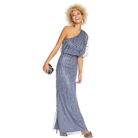 Adrianna Papell One Shoulder Long Beaded Dress - Picture 3 of 7